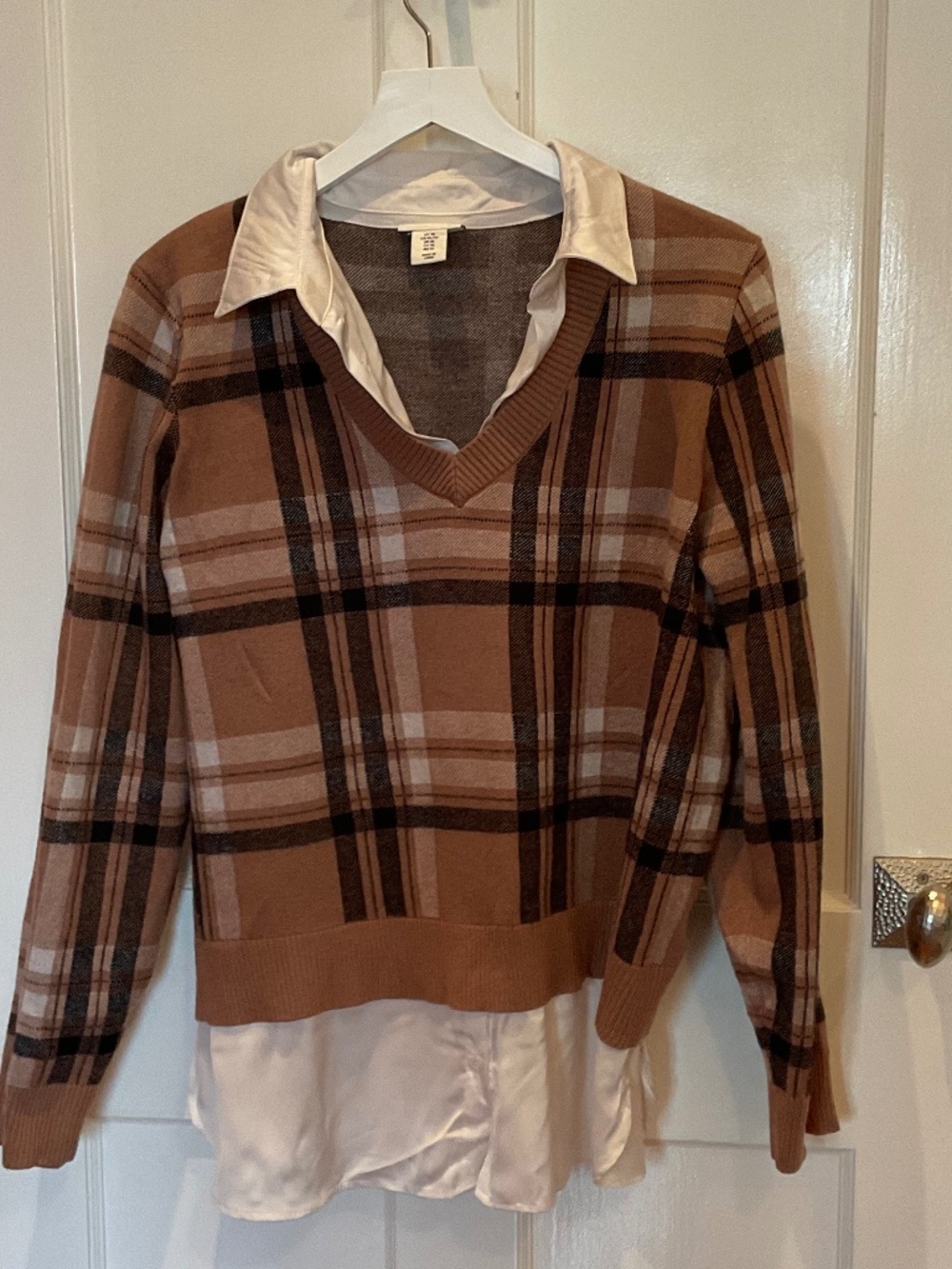 Women’s plaid sweater with faux collared shirt detail by Jones & CO, XL